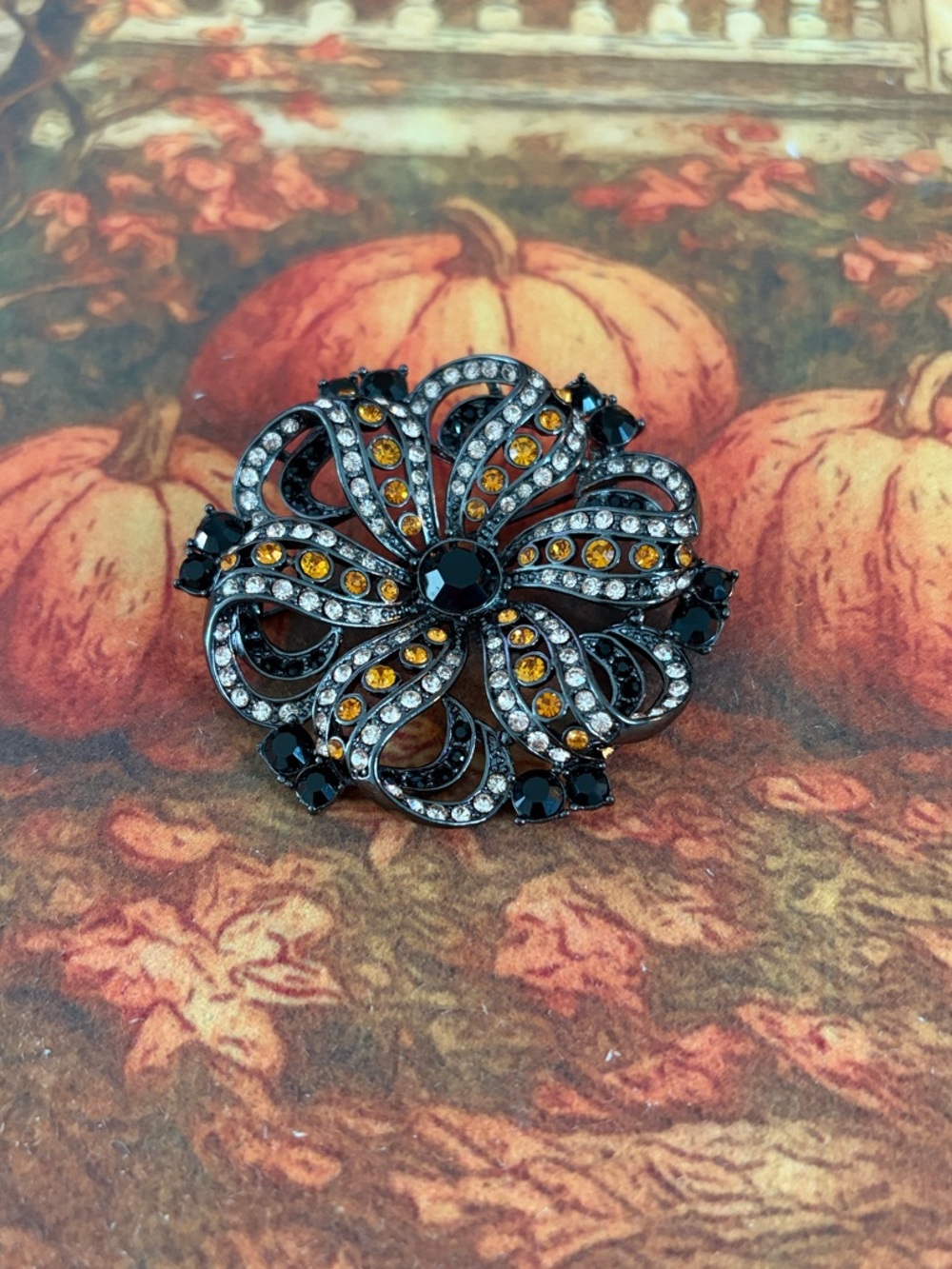 Vintage Joan Rivers Black and Amber Floral Crystal Brooch